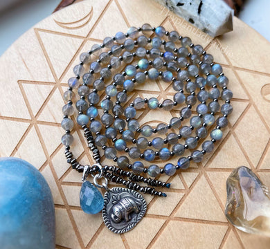 Expansion - 108 - Luxe Labradorite + African Kyanite + Karen Hill Tribe Silver ElephantMala