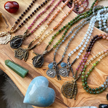 Load image into Gallery viewer, Goddess Rising - 108 - Luxe Rainbow Moonstone + African Kyanite + Karen Hill Tribe Silver ElephantMala