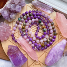 Load image into Gallery viewer, 108 Mala Necklace - Ocean Jasper, Rose Quartz, Kunzite, Phosphosiderite, and Amethyst