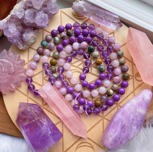108 Mala Necklace - Ocean Jasper, Rose Quartz, Kunzite, Phosphosiderite, and Amethyst
