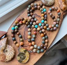 Load image into Gallery viewer, Dancing in Nature - 108 - Saddle Agate, Ammonite, Genuine Turquoise, Polychrome Jasper, Sandalwood, Picture Jasper, Fossil Agate, Ocean Jasper, Pietersite, Petrified Wood