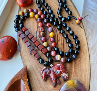 Determination - 108 - Poppy Jasper, Australian Mookaite, Black Agate, Ram Mala