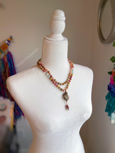 Sun-Drenched - 108 - Mala Necklace - Fossil Agate, Green Angelite, Ammonite, Amazonite, Picture Jasper, Rhodonite, Clear Quartz, Pink Tourmaline