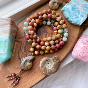 Sun-Drenched - 108 - Mala Necklace - Fossil Agate, Green Angelite, Ammonite, Amazonite, Picture Jasper, Rhodonite, Clear Quartz, Pink Tourmaline
