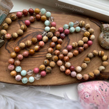Load image into Gallery viewer, Sun-Drenched - 108 - Mala Necklace - Fossil Agate, Green Angelite, Ammonite, Amazonite, Picture Jasper, Rhodonite, Clear Quartz, Pink Tourmaline