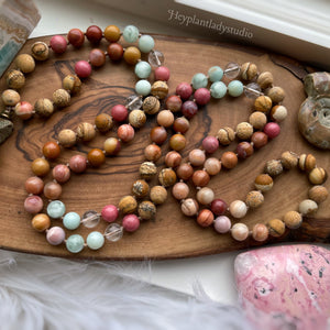 Sun-Drenched - 108 - Mala Necklace - Fossil Agate, Green Angelite, Ammonite, Amazonite, Picture Jasper, Rhodonite, Clear Quartz, Pink Tourmaline