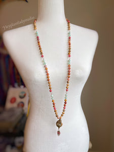 Sun-Drenched - 108 - Mala Necklace - Fossil Agate, Green Angelite, Ammonite, Amazonite, Picture Jasper, Rhodonite, Clear Quartz, Pink Tourmaline