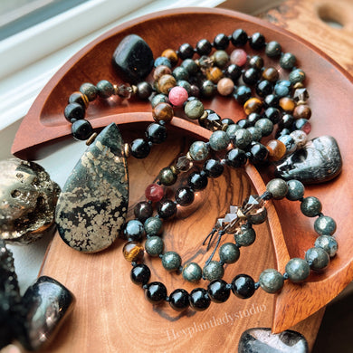 Soul Spark - 108 Mala Necklace - Pyrite in Magnetite, Onyx, Tigers Eye, Rainbow Tourmaline, Nipomo Marcasite Agate, Snowflake Obsidian, Smoky Quartz,