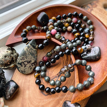 Load image into Gallery viewer, Soul Spark - 108 Mala Necklace - Pyrite in Magnetite, Onyx, Tigers Eye, Rainbow Tourmaline, Nipomo Marcasite Agate, Snowflake Obsidian, Smoky Quartz,