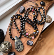 Load image into Gallery viewer, Soul Spark - 108 Mala Necklace - Pyrite in Magnetite, Onyx, Tigers Eye, Rainbow Tourmaline, Nipomo Marcasite Agate, Snowflake Obsidian, Smoky Quartz,