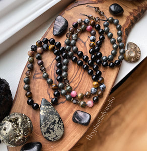 Soul Spark - 108 Mala Necklace - Pyrite in Magnetite, Onyx, Tigers Eye, Rainbow Tourmaline, Nipomo Marcasite Agate, Snowflake Obsidian, Smoky Quartz,