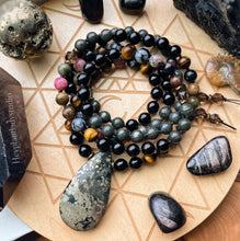 Load image into Gallery viewer, Soul Spark - 108 Mala Necklace - Pyrite in Magnetite, Onyx, Tigers Eye, Rainbow Tourmaline, Nipomo Marcasite Agate, Snowflake Obsidian, Smoky Quartz,