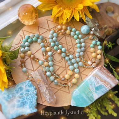 Walking on Sunshine  - 108 - Citrine, Flower Agate, Peruvian Turquoise, Green Angelite, Amazonite, Mother of Pearl, Burmese Jade