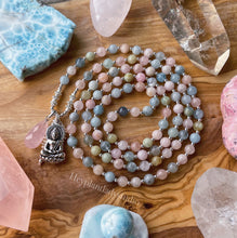 Load image into Gallery viewer, Open Heart - 108 - Luxe Rose Quartz + Mixed Beryl + Morganite + Aquamarine + 925 Sterling Buddha Mala