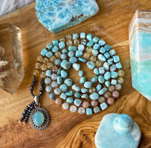 Load image into Gallery viewer, Sun and Sea - 108 - Luxe Larimar + Citrine + Sunstone + Rainbow Moonstone + 925 Sterling Aqua Chalcedony Mala