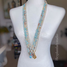 Load image into Gallery viewer, Sun and Sea - 108 - Luxe Larimar + Citrine + Sunstone + Rainbow Moonstone + 925 Sterling Aqua Chalcedony Mala