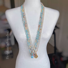 Load image into Gallery viewer, Sun and Sea - 108 - Luxe Larimar + Citrine + Sunstone + Rainbow Moonstone + 925 Sterling Aqua Chalcedony Mala
