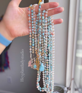 Sun and Sea - 108 - Luxe Larimar + Citrine + Sunstone + Rainbow Moonstone + 925 Sterling Aqua Chalcedony Mala