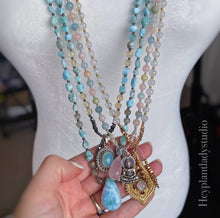 Load image into Gallery viewer, Sun and Sea - 108 - Luxe Larimar + Citrine + Sunstone + Rainbow Moonstone + 925 Sterling Aqua Chalcedony Mala