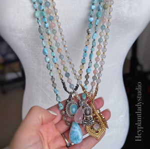 Sun and Sea - 108 - Luxe Larimar + Citrine + Sunstone + Rainbow Moonstone + 925 Sterling Aqua Chalcedony Mala