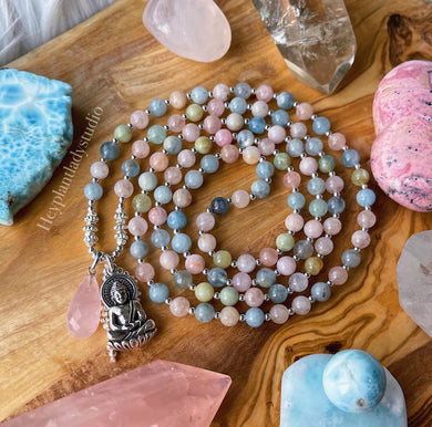 Open Heart - 108 - Luxe Rose Quartz + Mixed Beryl + Morganite + Aquamarine + 925 Sterling Buddha Mala
