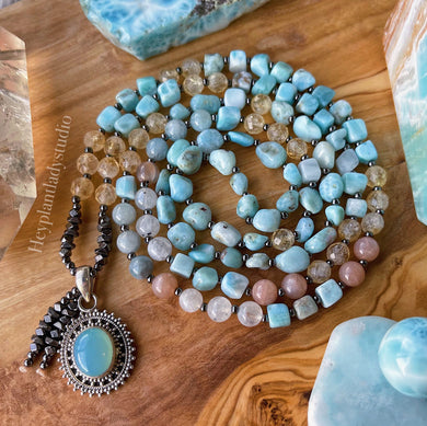 Sun and Sea - 108 - Luxe Larimar + Citrine + Sunstone + Rainbow Moonstone + 925 Sterling Aqua Chalcedony Mala