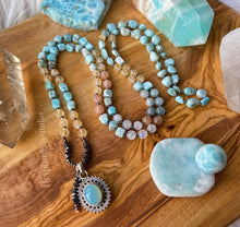 Load image into Gallery viewer, Sun and Sea - 108 - Luxe Larimar + Citrine + Sunstone + Rainbow Moonstone + 925 Sterling Aqua Chalcedony Mala
