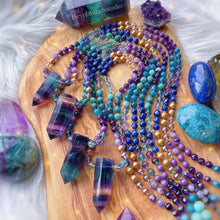 Load image into Gallery viewer, Serene Siren Mala Necklace - 108 - AAA Rainbow Fluorite + Lapis Lazuli + Chrysocolla + Phosphosiderite + Kyanite + Apatite + AAA Amethyst + Gold Aura Quartz + Gold Shell Pearl + 24K Gold Vermeil