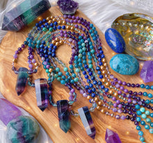 Load image into Gallery viewer, Serene Siren Mala Necklace - 108 - AAA Rainbow Fluorite + Lapis Lazuli + Chrysocolla + Phosphosiderite + Kyanite + Apatite + AAA Amethyst + Gold Aura Quartz + Gold Shell Pearl + 24K Gold Vermeil