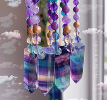 Load image into Gallery viewer, Serene Siren Mala Necklace - 108 - AAA Rainbow Fluorite + Lapis Lazuli + Chrysocolla + Phosphosiderite + Kyanite + Apatite + AAA Amethyst + Gold Aura Quartz + Gold Shell Pearl + 24K Gold Vermeil