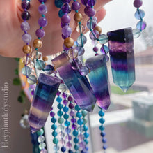 Load image into Gallery viewer, Serene Siren Mala Necklace - 108 - AAA Rainbow Fluorite + Lapis Lazuli + Chrysocolla + Phosphosiderite + Kyanite + Apatite + AAA Amethyst + Gold Aura Quartz + Gold Shell Pearl + 24K Gold Vermeil
