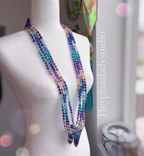 Load image into Gallery viewer, Serene Siren Mala Necklace - 108 - AAA Rainbow Fluorite + Lapis Lazuli + Chrysocolla + Phosphosiderite + Kyanite + Apatite + AAA Amethyst + Gold Aura Quartz + Gold Shell Pearl + 24K Gold Vermeil