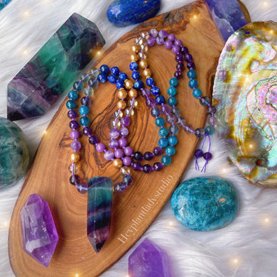 Mermaid Mystic Mala Necklace - 108 - AAA Rainbow Fluorite + Lapis Lazuli + Phosphosiderite + Kyanite + Apatite + AAA Amethyst + Gold Aura Quartz + Gold Shell Pearl + 24K Gold Vermeil