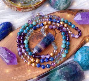 Mystic Mind Mala Necklace - 108 - AAA Rainbow Fluorite + Lapis Lazuli + Chrysocolla + Kyanite + Apatite + Amethyst + Gold Aura Quartz + Gold Shell Pearl + 24K Gold Vermeil