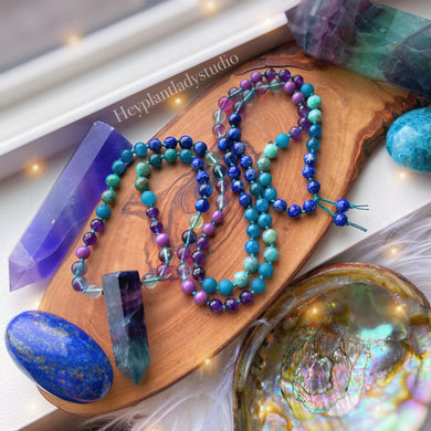 Magic Manifestation Mala Necklace - 108 -  AAA Rainbow Fluorite + Lapis Lazuli + Phosphosiderite + Chrysocolla + Kyanite + Apatite + AAA Amethyst