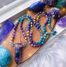 Load image into Gallery viewer, Serene Siren Mala Necklace - 108 - AAA Rainbow Fluorite + Lapis Lazuli + Chrysocolla + Phosphosiderite + Kyanite + Apatite + AAA Amethyst + Gold Aura Quartz + Gold Shell Pearl + 24K Gold Vermeil