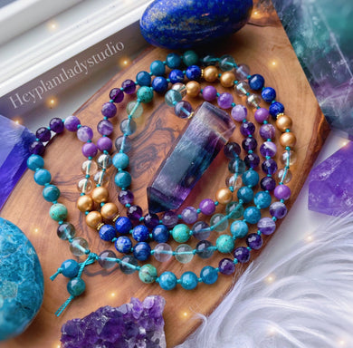 Serene Siren Mala Necklace - 108 - AAA Rainbow Fluorite + Lapis Lazuli + Chrysocolla + Phosphosiderite + Kyanite + Apatite + AAA Amethyst + Gold Aura Quartz + Gold Shell Pearl + 24K Gold Vermeil