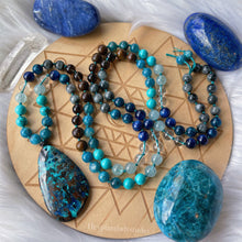 Load image into Gallery viewer, Kind Soul Necklace - 108 - Chrysocolla + Kyanite + Aquamarine + Turquoise Magnesite + Apatite + Eagle Eye + Bronzite + Smoky/Clear Quartz