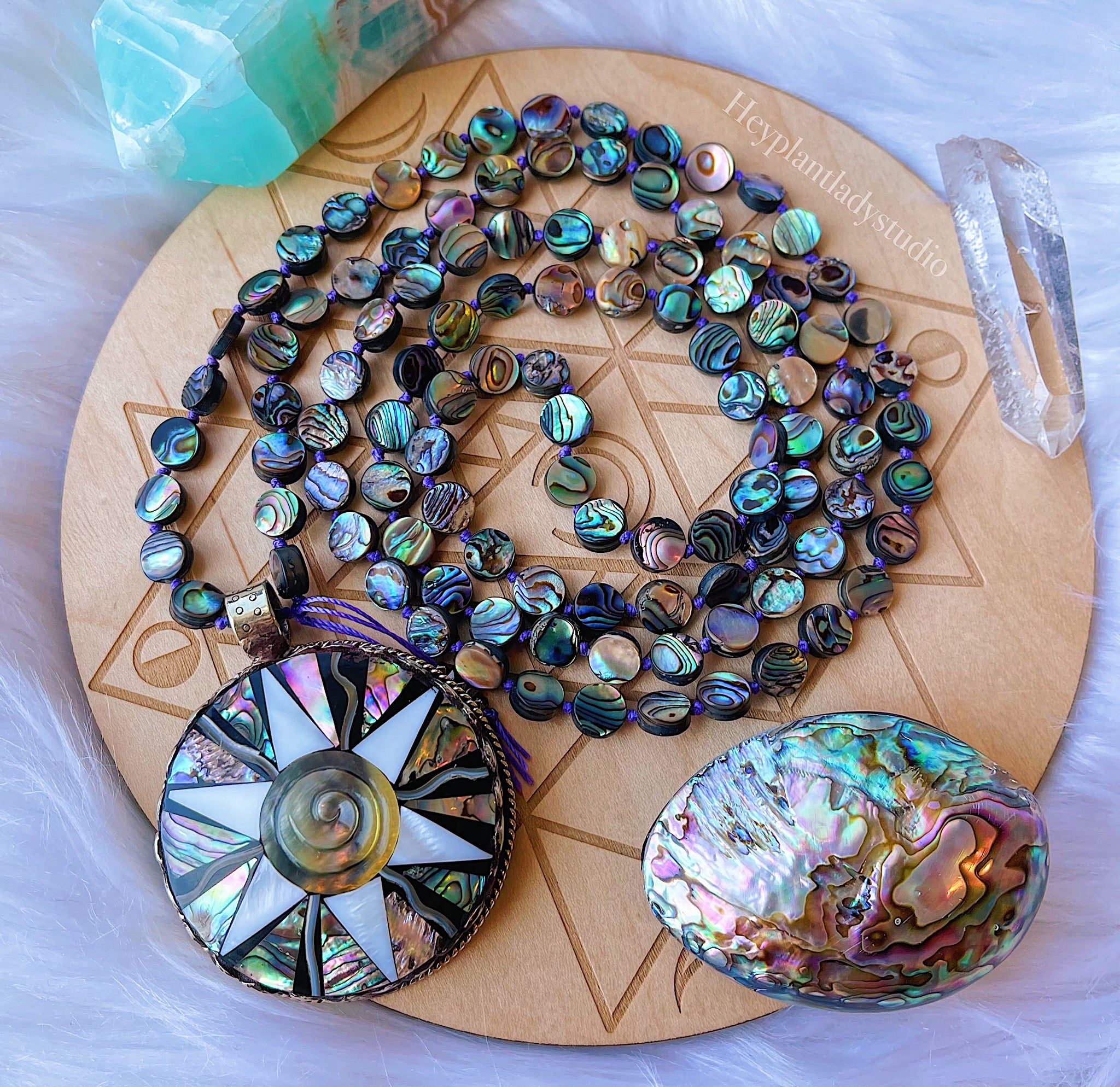 Beaded Teal and Violet Necklace with Abalone Pendant - Bits off the Beach