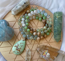 Load image into Gallery viewer, Morning Dew Mala Necklace  - 108 - Chrysoprase + AA Aquamarine, AA Rainbow Moonstone + Faceted Prehnite + Petrified Wood + Green Jade + Clear Quartz