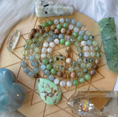 Morning Dew Mala Necklace  - 108 - Chrysoprase + AA Aquamarine, AA Rainbow Moonstone + Faceted Prehnite + Petrified Wood + Green Jade + Clear Quartz