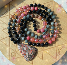 Load image into Gallery viewer, Divine Feminine Mala SET - 108 Mala Necklace + Bracelet - Leopard Skin Jasper + Eagle Eye + Onyx + Sunstone + Rhodochrosite + Rhodonite + Watermelon Jade + Pink Agate + Gold Aura Quartz