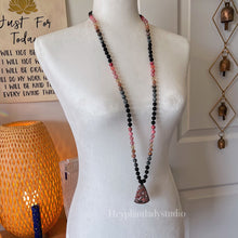 Load image into Gallery viewer, Divine Feminine Mala SET - 108 Mala Necklace + Bracelet - Leopard Skin Jasper + Eagle Eye + Onyx + Sunstone + Rhodochrosite + Rhodonite + Watermelon Jade + Pink Agate + Gold Aura Quartz