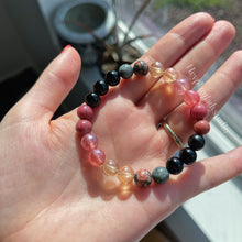 Load image into Gallery viewer, Divine Feminine Mala SET - 108 Mala Necklace + Bracelet - Leopard Skin Jasper + Eagle Eye + Onyx + Sunstone + Rhodochrosite + Rhodonite + Watermelon Jade + Pink Agate + Gold Aura Quartz