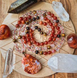 Sacred Fire - 108 Mala Necklace - Fire Agate, Red Carnelian, Tigers Eye, Clear Quartz