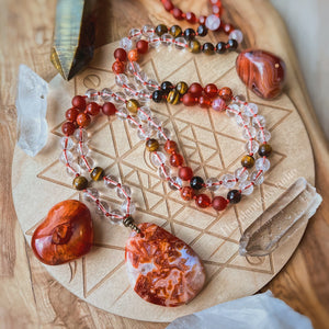 Sacred Fire - 108 Mala Necklace - Fire Agate, Red Carnelian, Tigers Eye, Clear Quartz