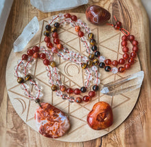 Load image into Gallery viewer, Sacred Fire - 108 Mala Necklace - Fire Agate, Red Carnelian, Tigers Eye, Clear Quartz
