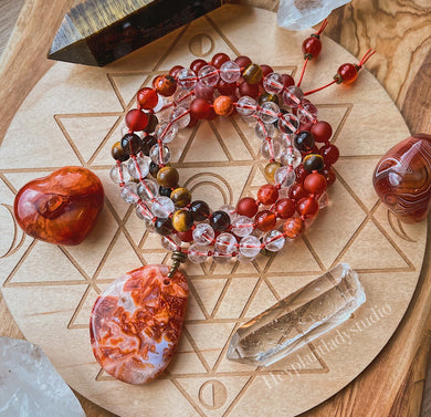 Sacred Fire - 108 Mala Necklace - Fire Agate, Red Carnelian, Tigers Eye, Clear Quartz