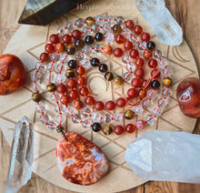 Load image into Gallery viewer, Sacred Fire - 108 Mala Necklace - Fire Agate, Red Carnelian, Tigers Eye, Clear Quartz