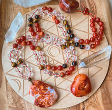 Load image into Gallery viewer, Sacred Fire - 108 Mala Necklace - Fire Agate, Red Carnelian, Tigers Eye, Clear Quartz